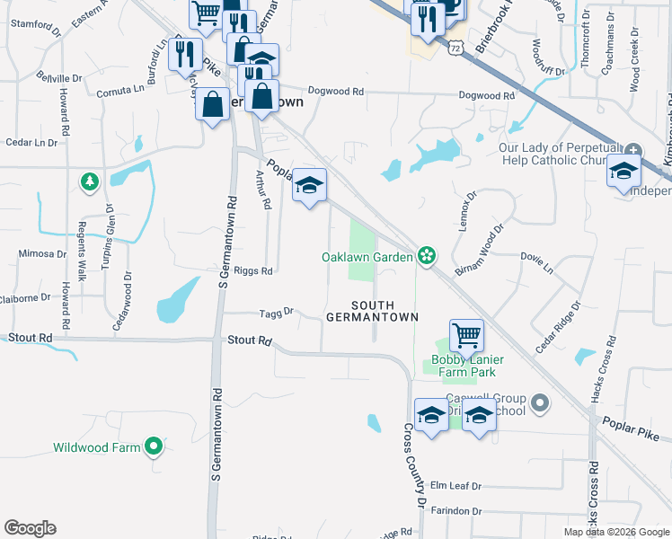 map of restaurants, bars, coffee shops, grocery stores, and more near 2512 Moore Road in Germantown
