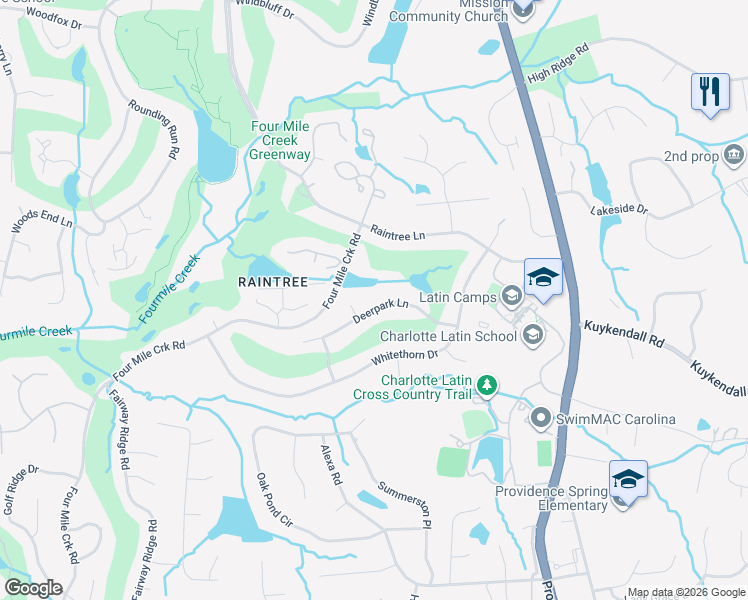 map of restaurants, bars, coffee shops, grocery stores, and more near 9117 Deerpark Lane in Charlotte