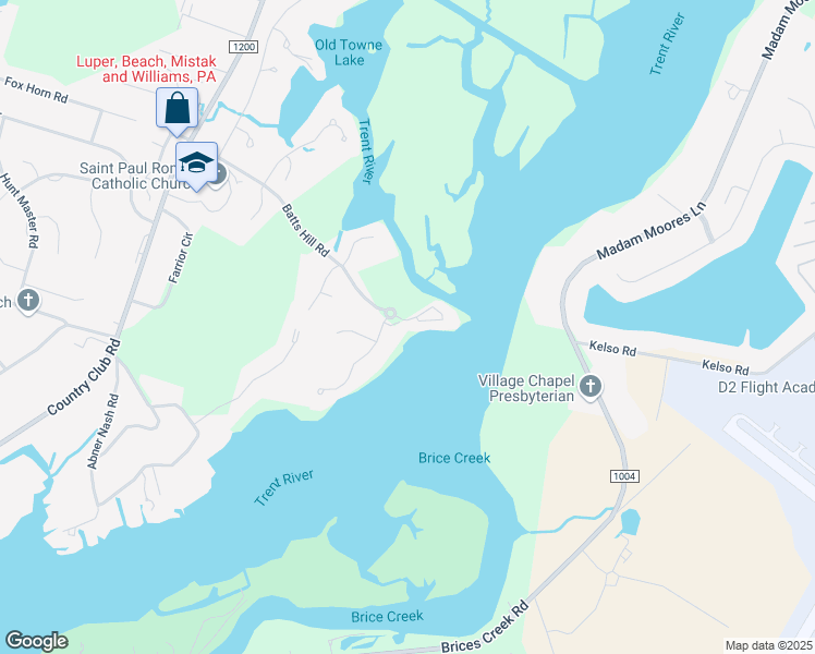 map of restaurants, bars, coffee shops, grocery stores, and more near 1 Batts Hill Road in New Bern