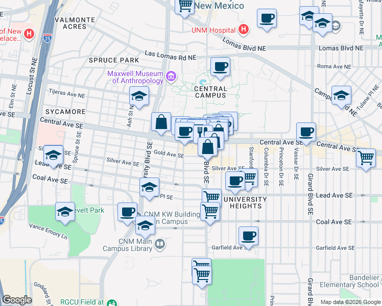 map of restaurants, bars, coffee shops, grocery stores, and more near 2115 Gold Avenue Southeast in Albuquerque
