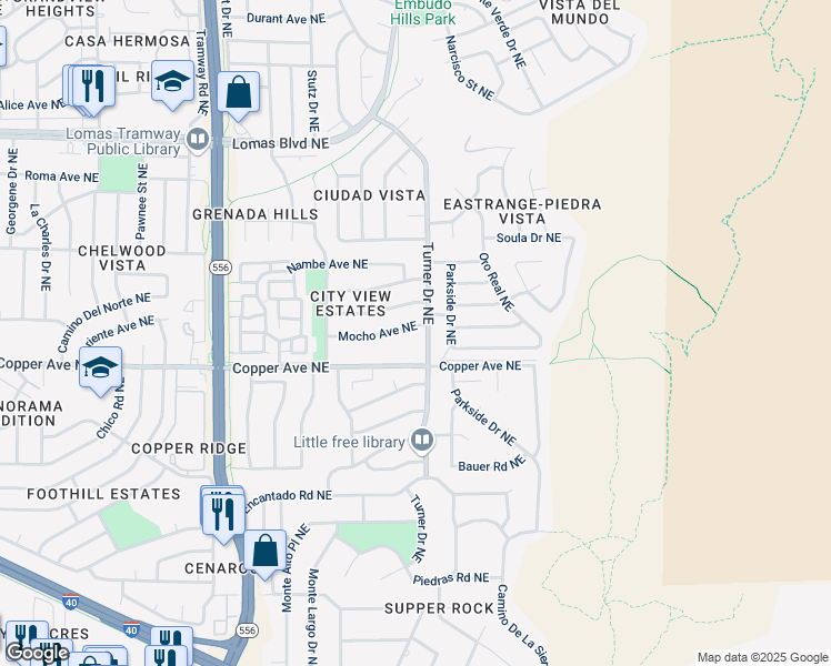 map of restaurants, bars, coffee shops, grocery stores, and more near 14229 Mocho Avenue Northeast in Albuquerque