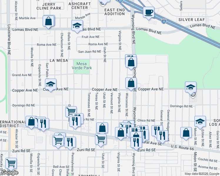 map of restaurants, bars, coffee shops, grocery stores, and more near 413 Vermont Street Northeast in Albuquerque