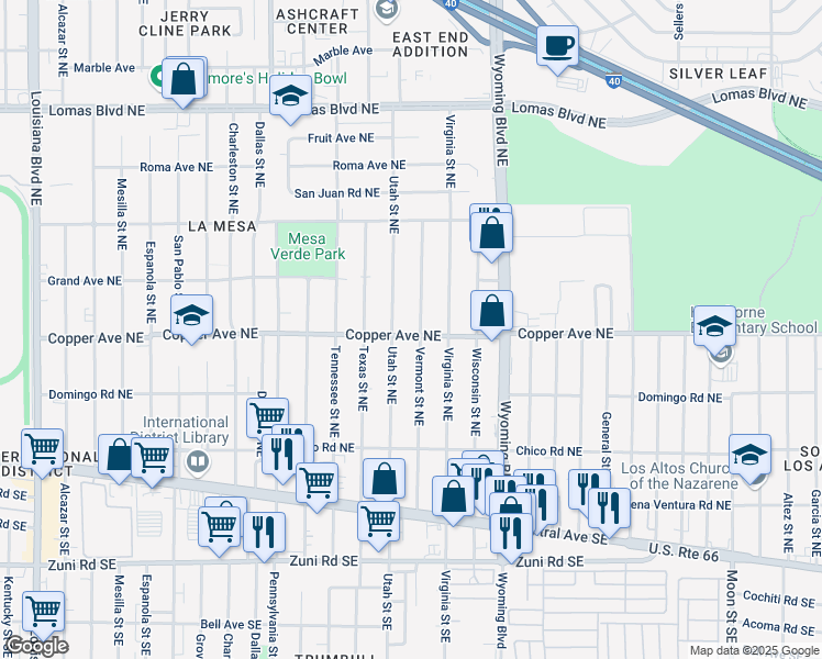 map of restaurants, bars, coffee shops, grocery stores, and more near 413 Vermont Street Northeast in Albuquerque