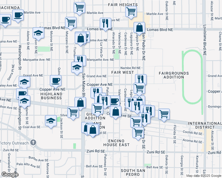 map of restaurants, bars, coffee shops, grocery stores, and more near 317 Alvarado Drive Northeast in Albuquerque