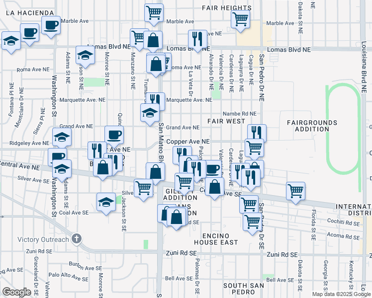 map of restaurants, bars, coffee shops, grocery stores, and more near 5500 Copper Avenue Northeast in Albuquerque