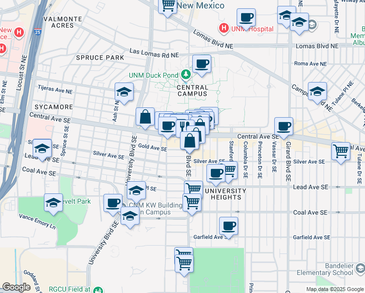 map of restaurants, bars, coffee shops, grocery stores, and more near 2120 Central Avenue Northeast in Albuquerque