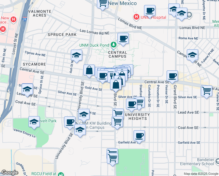map of restaurants, bars, coffee shops, grocery stores, and more near 2120 Central Avenue Northeast in Albuquerque