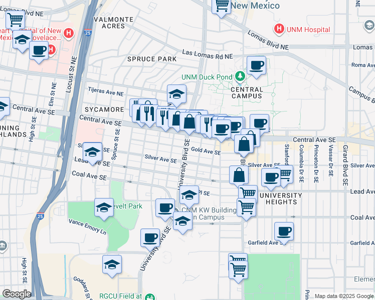 map of restaurants, bars, coffee shops, grocery stores, and more near 1720 Central Avenue Southeast in Albuquerque