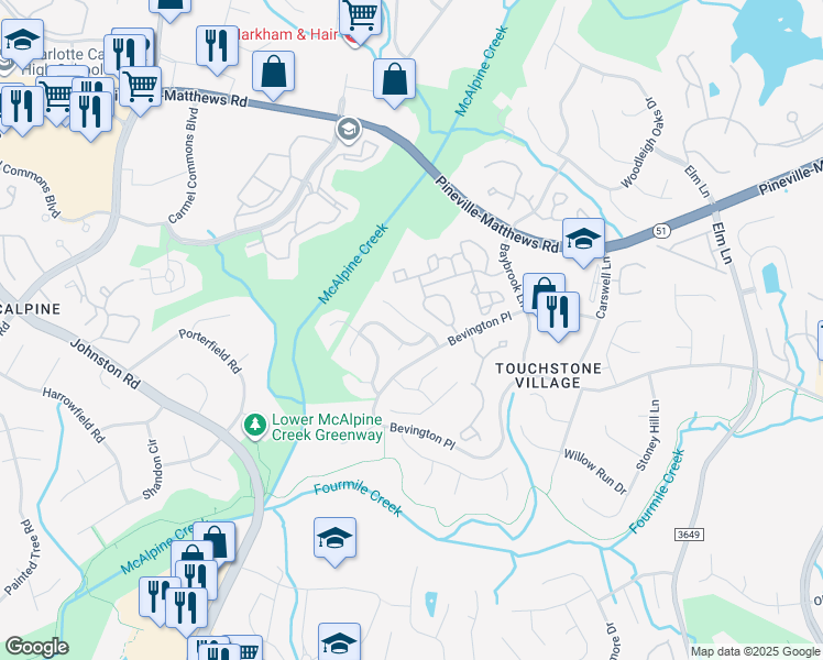 map of restaurants, bars, coffee shops, grocery stores, and more near 6700 Bevington Ridge Road in Charlotte