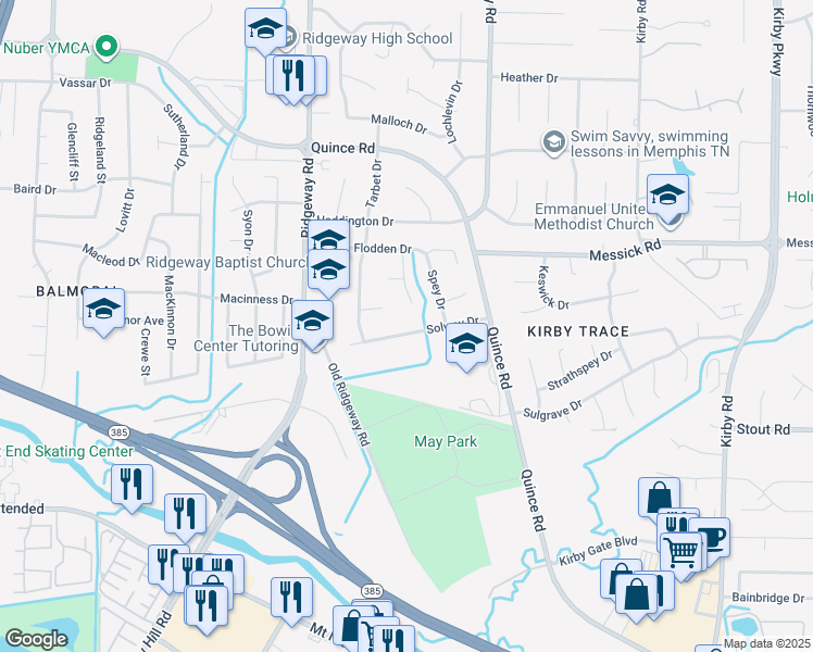 map of restaurants, bars, coffee shops, grocery stores, and more near 2498 Ayrshire Cove in Memphis