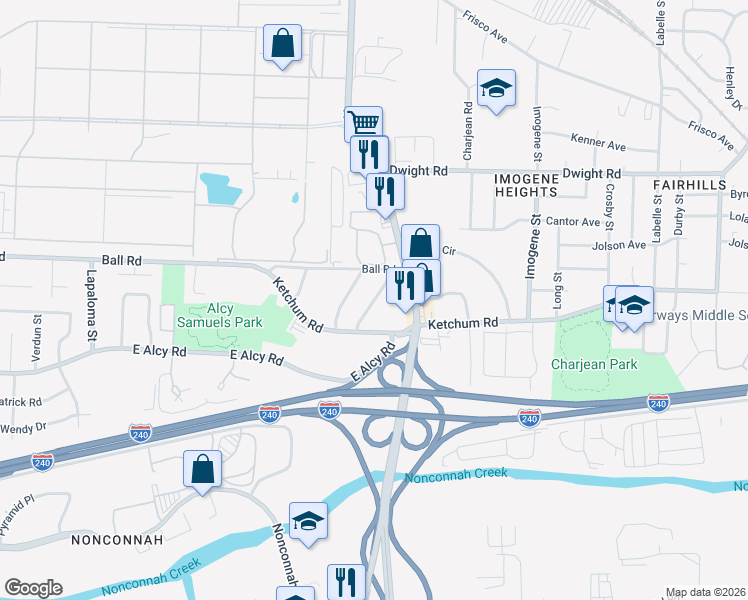map of restaurants, bars, coffee shops, grocery stores, and more near 2381 Lindbergh Road in Memphis