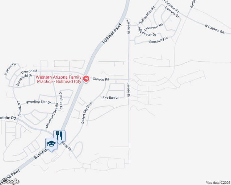 map of restaurants, bars, coffee shops, grocery stores, and more near 2533 Bridlewise Lane in Bullhead City