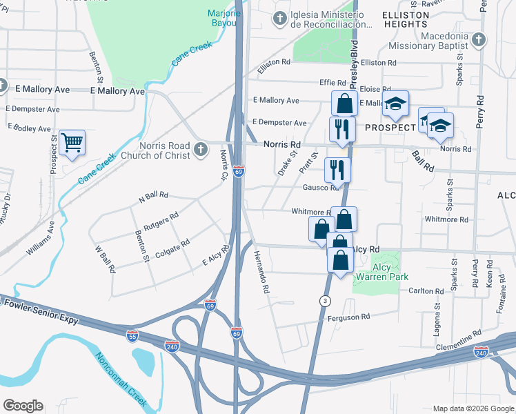 map of restaurants, bars, coffee shops, grocery stores, and more near 2381 Drake Street in Memphis
