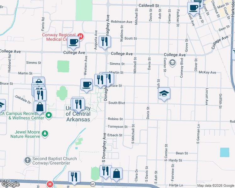 map of restaurants, bars, coffee shops, grocery stores, and more near in Conway
