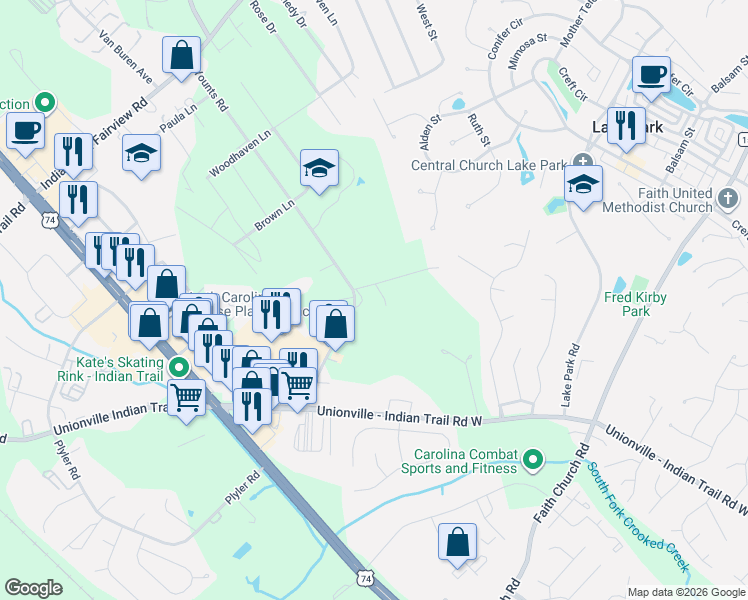 map of restaurants, bars, coffee shops, grocery stores, and more near 2208 Younts Road in Indian Trail
