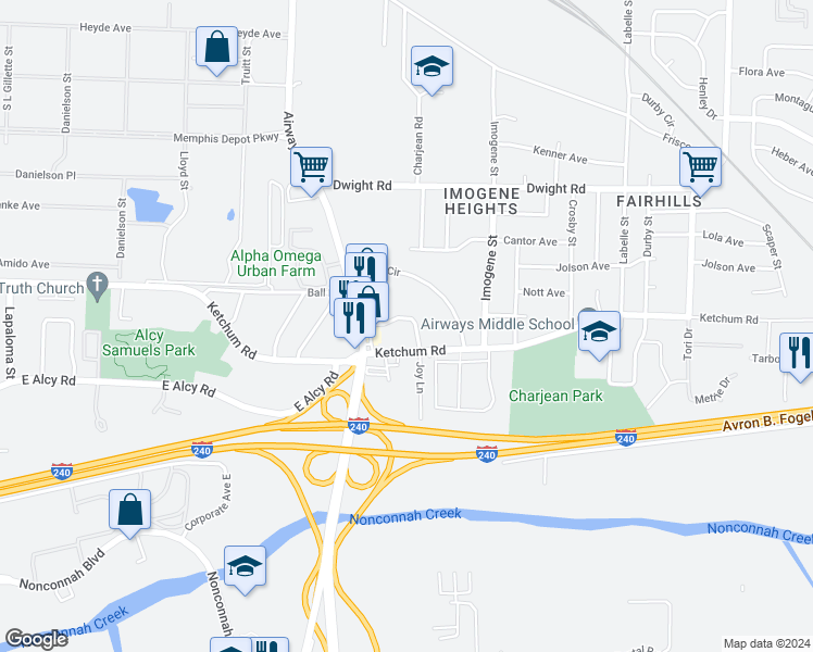 map of restaurants, bars, coffee shops, grocery stores, and more near 2391 Joy Lane in Memphis