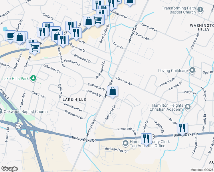 map of restaurants, bars, coffee shops, grocery stores, and more near 4607 Jersey Pike in Chattanooga