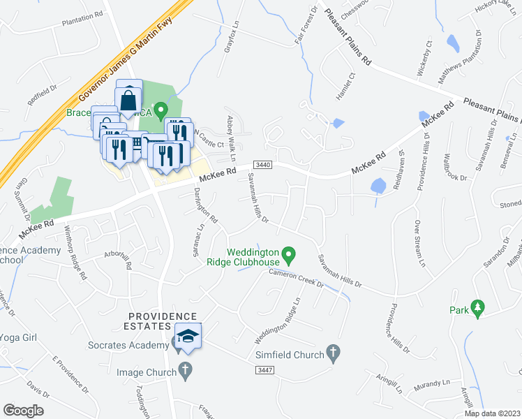 map of restaurants, bars, coffee shops, grocery stores, and more near 2019 Savannah Hills Drive in Matthews