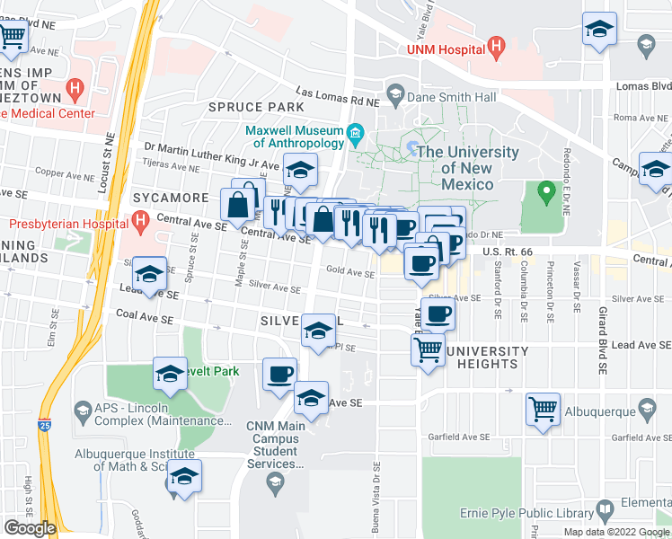 map of restaurants, bars, coffee shops, grocery stores, and more near 1818 Gold Ave SE in Albuquerque