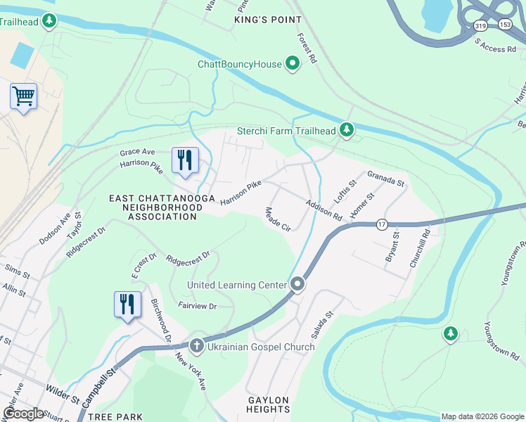 map of restaurants, bars, coffee shops, grocery stores, and more near 2437 Meade Circle in Chattanooga