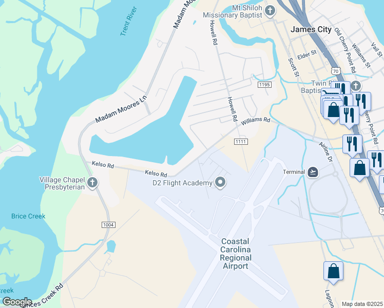 map of restaurants, bars, coffee shops, grocery stores, and more near 904 Williams Road in New Bern