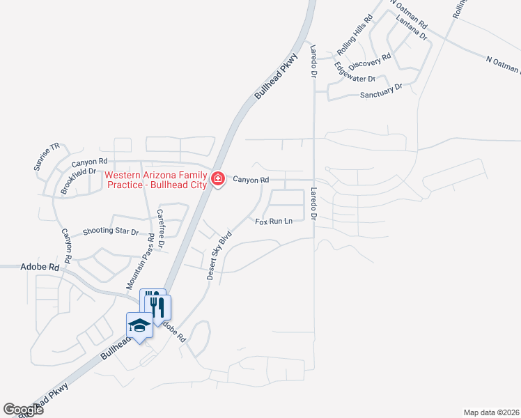 map of restaurants, bars, coffee shops, grocery stores, and more near 2875 Desert Sky Boulevard in Bullhead City