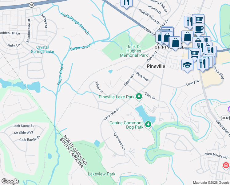 map of restaurants, bars, coffee shops, grocery stores, and more near 206 Eden Circle in Pineville