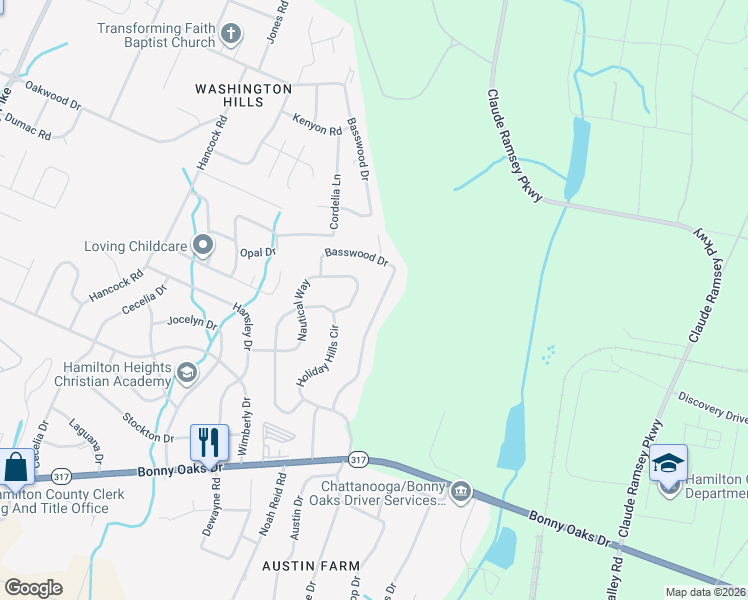 map of restaurants, bars, coffee shops, grocery stores, and more near 7741 Basswood Drive in Chattanooga