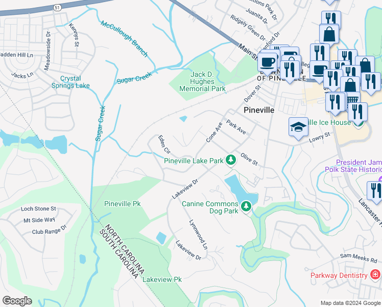map of restaurants, bars, coffee shops, grocery stores, and more near 206 Eden Circle in Pineville
