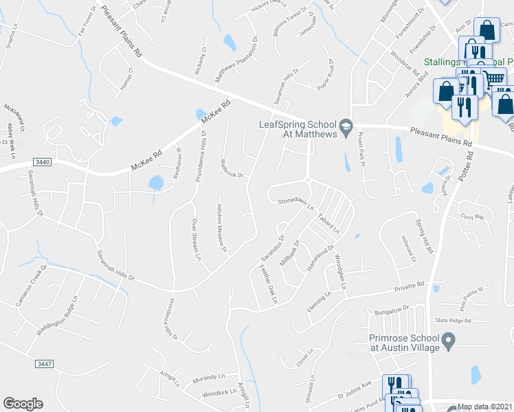 map of restaurants, bars, coffee shops, grocery stores, and more near 3222 Savannah Hills Drive in Matthews
