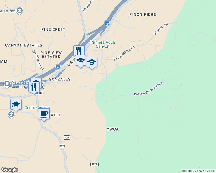 map of restaurants, bars, coffee shops, grocery stores, and more near 33 Camino Primera Agua in Tijeras
