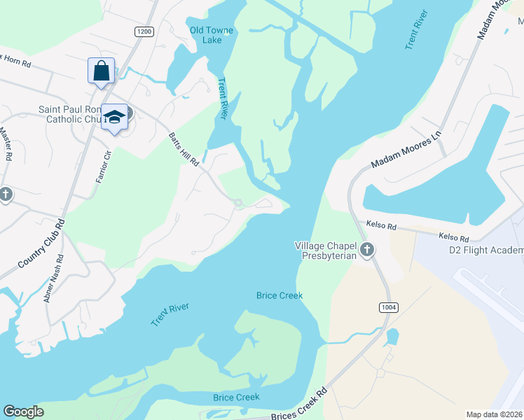 map of restaurants, bars, coffee shops, grocery stores, and more near 11 Batts Hill Road in New Bern