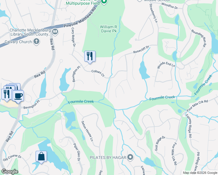 map of restaurants, bars, coffee shops, grocery stores, and more near 4701 Coburn Court in Charlotte