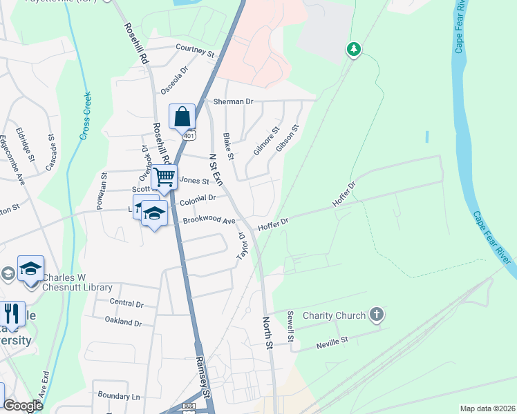 map of restaurants, bars, coffee shops, grocery stores, and more near 1609 Gibson Street in Fayetteville