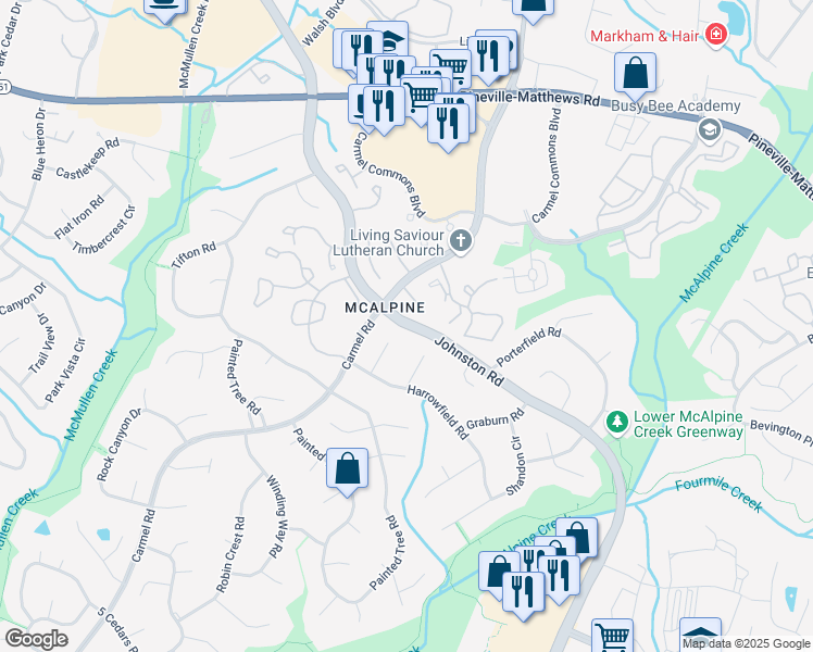 map of restaurants, bars, coffee shops, grocery stores, and more near Johnston Road in Charlotte