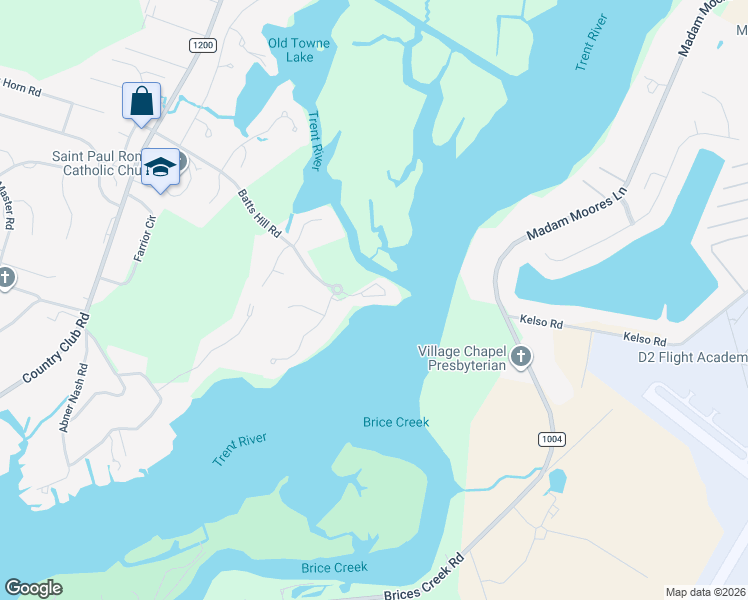 map of restaurants, bars, coffee shops, grocery stores, and more near 11 Batts Hill Road in New Bern