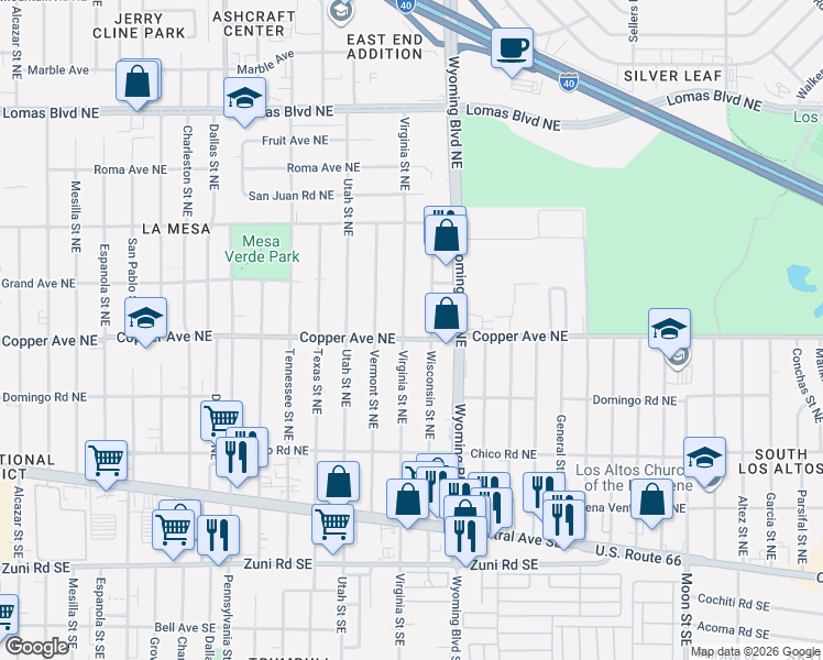 map of restaurants, bars, coffee shops, grocery stores, and more near 411 Virginia Street Northeast in Albuquerque