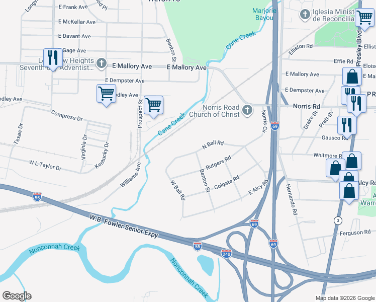 map of restaurants, bars, coffee shops, grocery stores, and more near 904 North Ball Road in Memphis