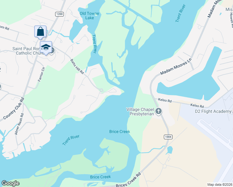 map of restaurants, bars, coffee shops, grocery stores, and more near 15 Batts Hill Road in New Bern