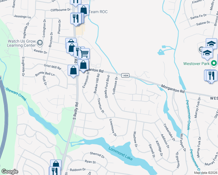 map of restaurants, bars, coffee shops, grocery stores, and more near 7241 Tollhouse Drive in Fayetteville