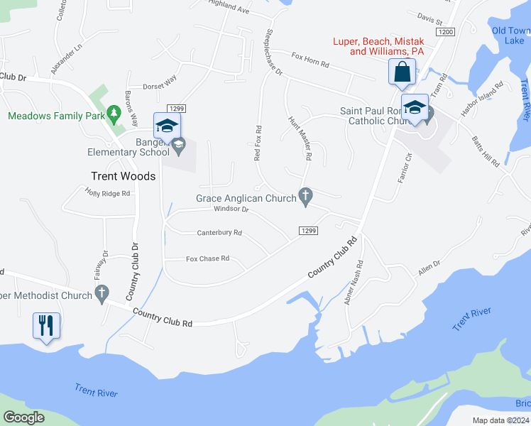 map of restaurants, bars, coffee shops, grocery stores, and more near 3410 Windsor Drive in Trent Woods