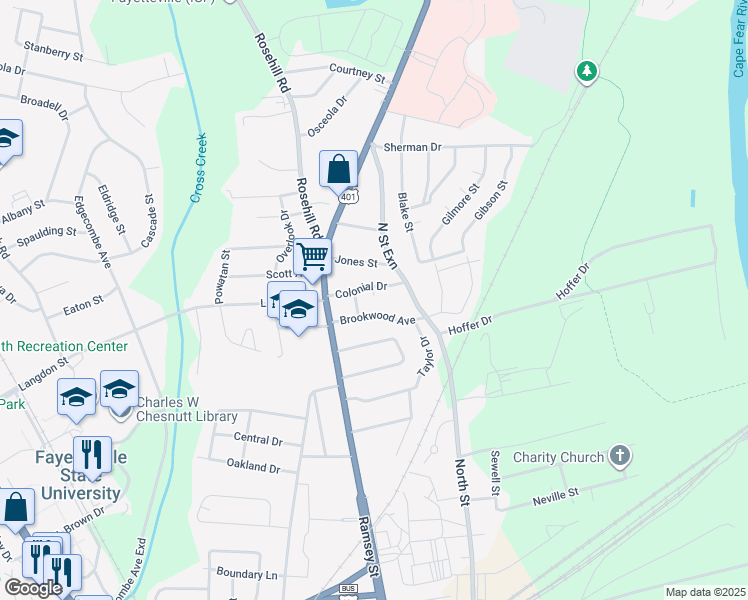 map of restaurants, bars, coffee shops, grocery stores, and more near 1608 Fayette Avenue in Fayetteville