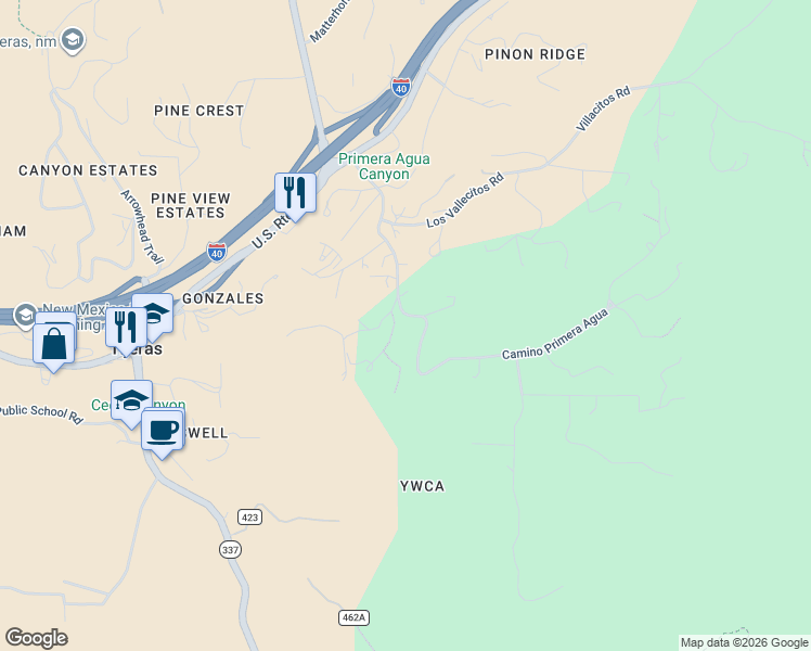 map of restaurants, bars, coffee shops, grocery stores, and more near 33 Camino Primera Agua in Tijeras
