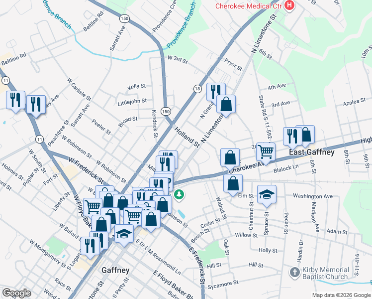 map of restaurants, bars, coffee shops, grocery stores, and more near 918 Northside Drive in Gaffney