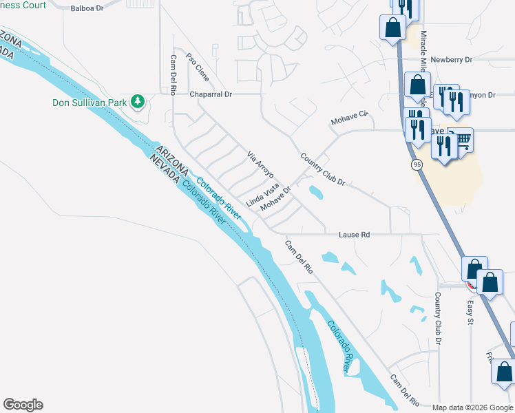 map of restaurants, bars, coffee shops, grocery stores, and more near 2662 Camino Del Rio in Bullhead City