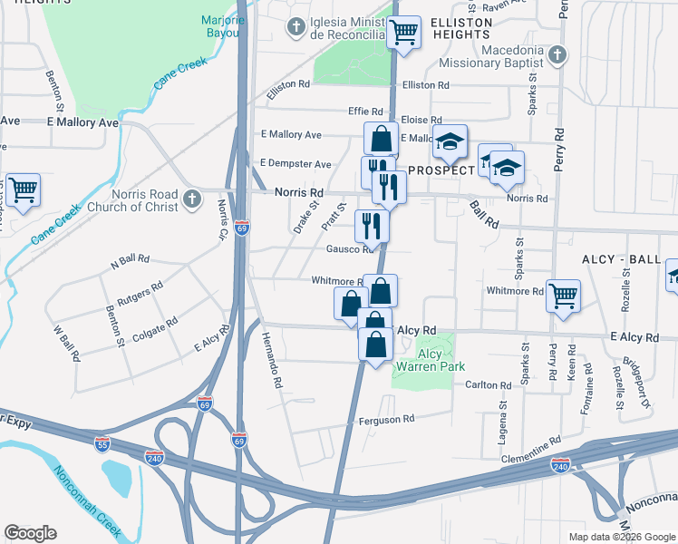 map of restaurants, bars, coffee shops, grocery stores, and more near 1256 Whitmore Road in Memphis