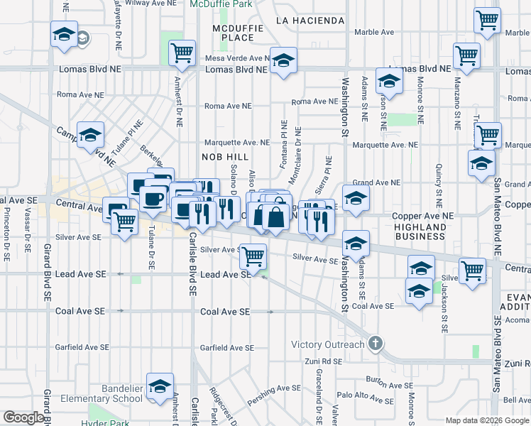 map of restaurants, bars, coffee shops, grocery stores, and more near 201 Morningside Drive Northeast in Albuquerque