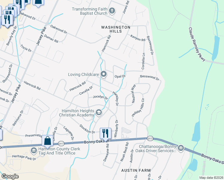 map of restaurants, bars, coffee shops, grocery stores, and more near 6331 Hansley Drive in Chattanooga