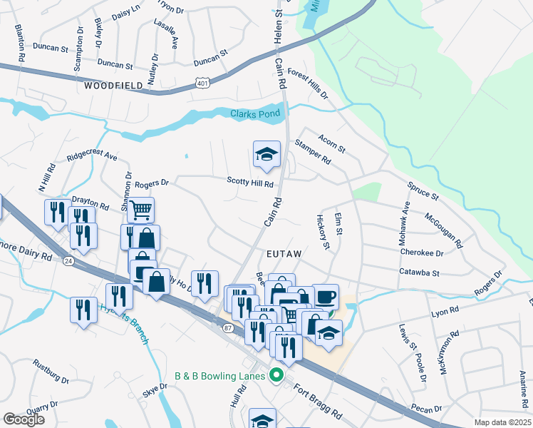 map of restaurants, bars, coffee shops, grocery stores, and more near 1017 Cain Road in Fayetteville