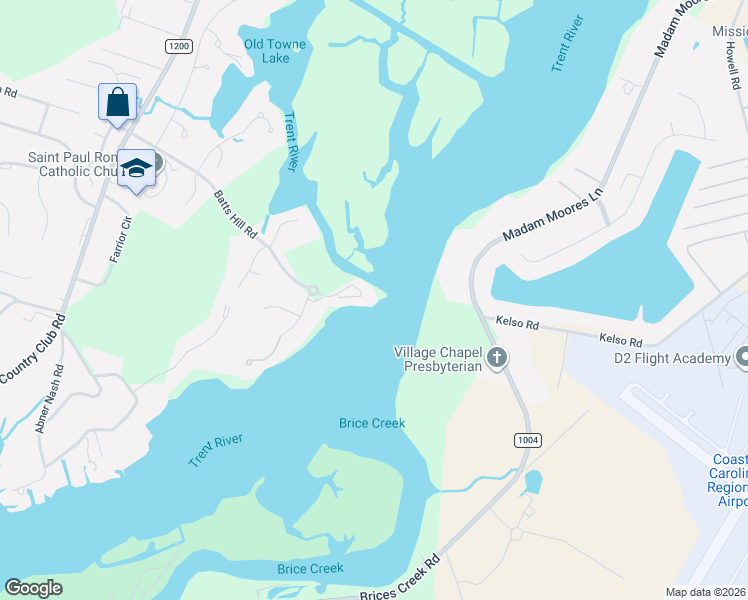 map of restaurants, bars, coffee shops, grocery stores, and more near 18 Batts Hill Rd in New Bern
